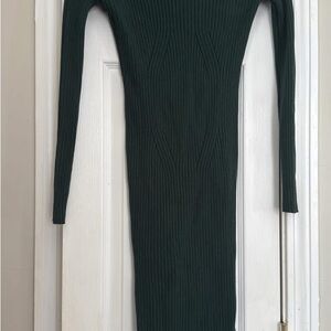 Chic Long Sleeve Ribbed Knit Dress in Forest Green
